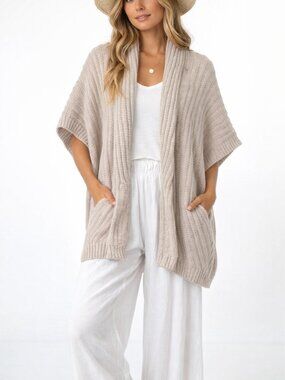 Talbots Ribbed Knit Open Front Cardigan XS Beige Coastal Layering Sweater